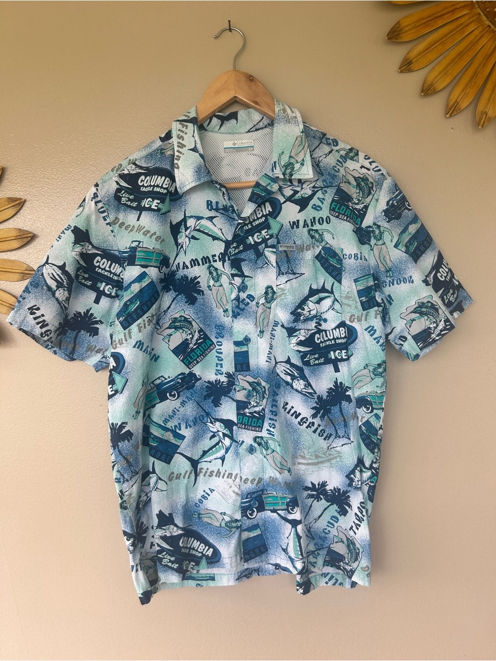 Columbia PFG Shirt Men’s Marlin Palm Tree Mermaid Vented Short Sleeve Size Small
